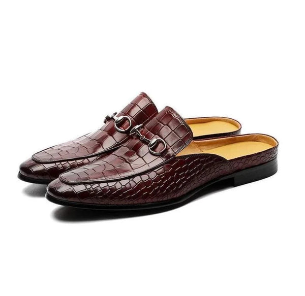 Luxury Croc-Embossed Leather Mules – Wine Red