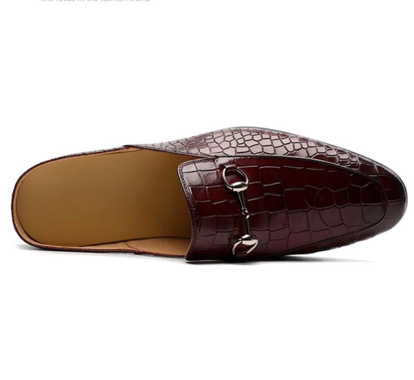 Luxury Croc-Embossed Leather Mules – Wine Red