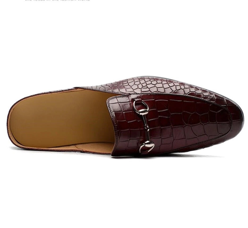 Luxury Croc-Embossed Leather Mules – Wine Red